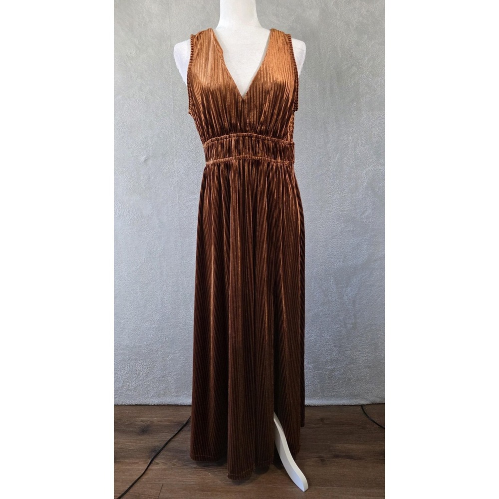 EUC Flessibili Dress Womens Large Rust Orange Pleated Velvet Maxi Slit 70s Retro
